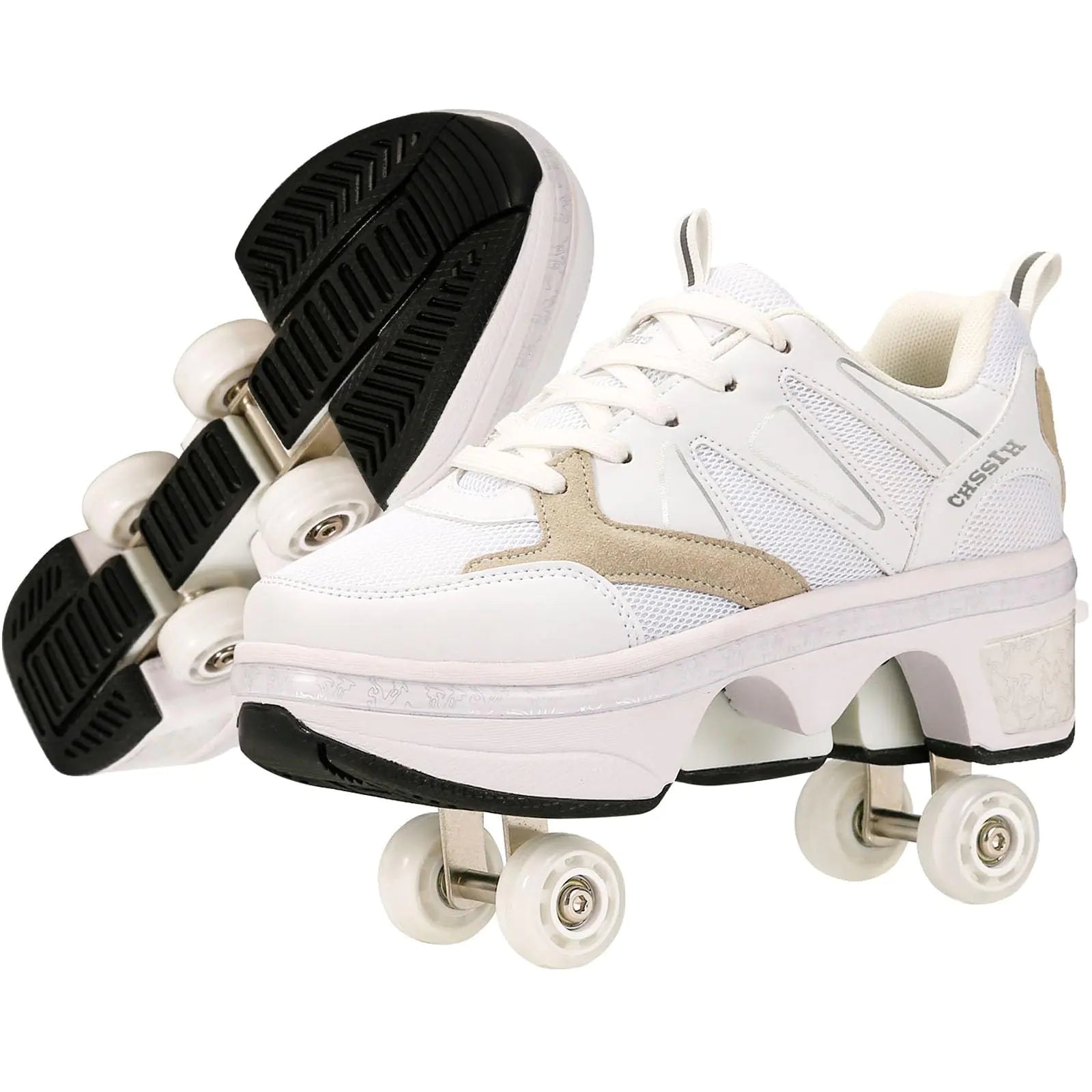 Shoes with Wheels – Roller Skate Shoes for Girls Kids Women Men & Adults | Retractable High Roller Skating Shoes That Pop Out Into Sneaker Skates - White 9.5
