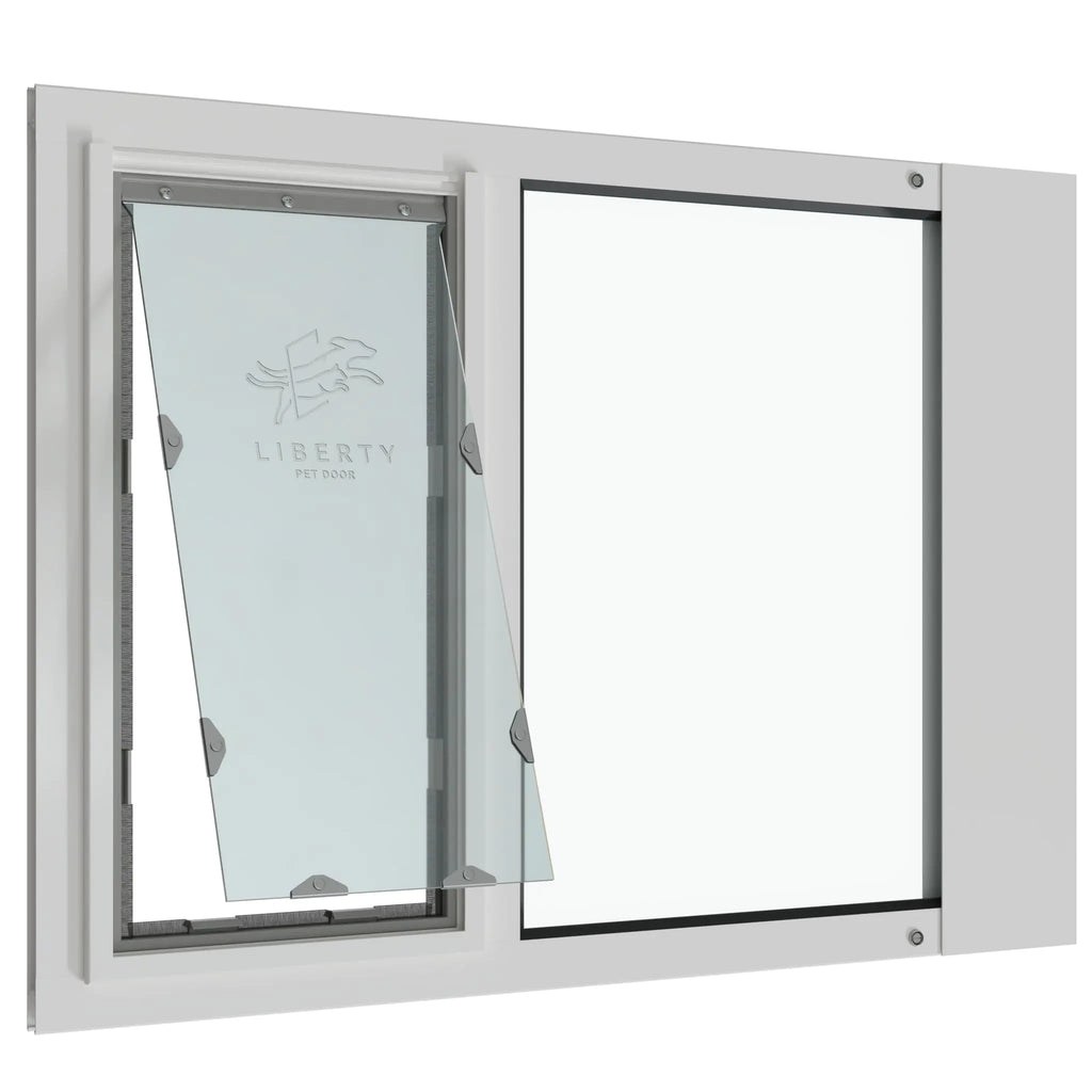 Liberty Pet Door Insert for Vinyl Sash Windows | Durable Vinyl Frame with Closing Cover | Energy Efficient Safety Glass | White Large Flap 41" - 42.5" Width