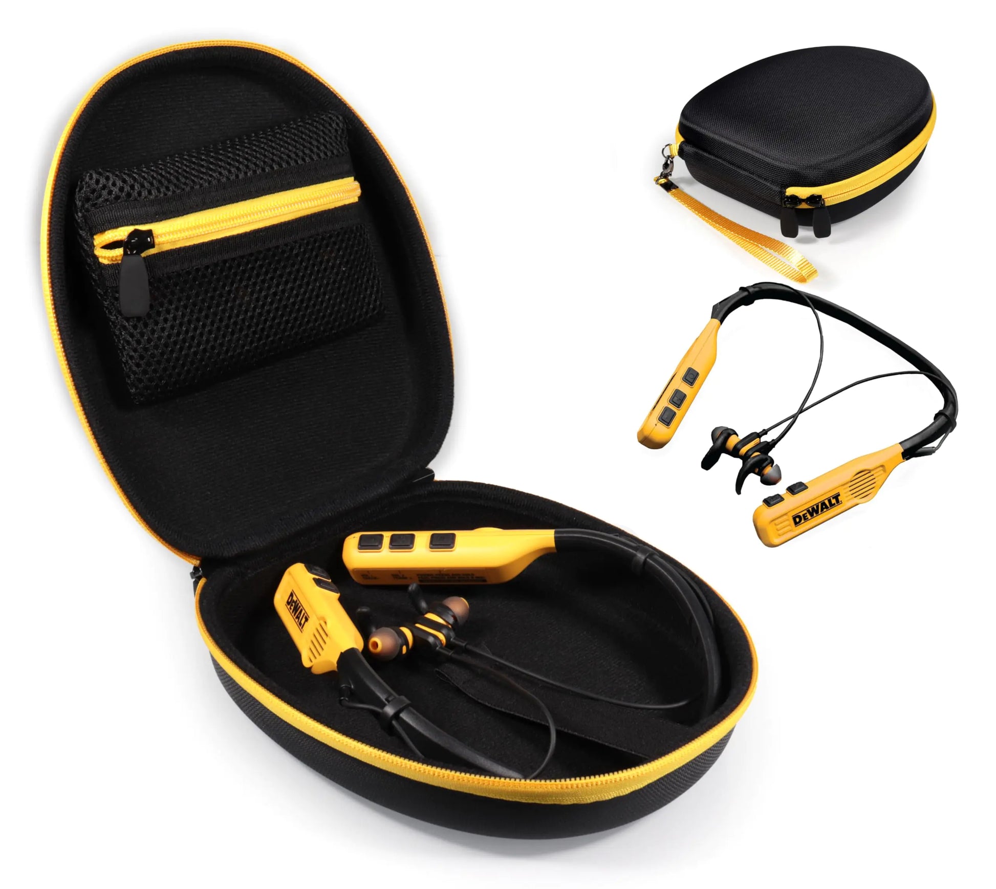 CaseSack Case for DEWALT Neckband Headphones and 2-in-1 Neckband Headphones w/Built-in Speakers (Black with Yellow Zip)