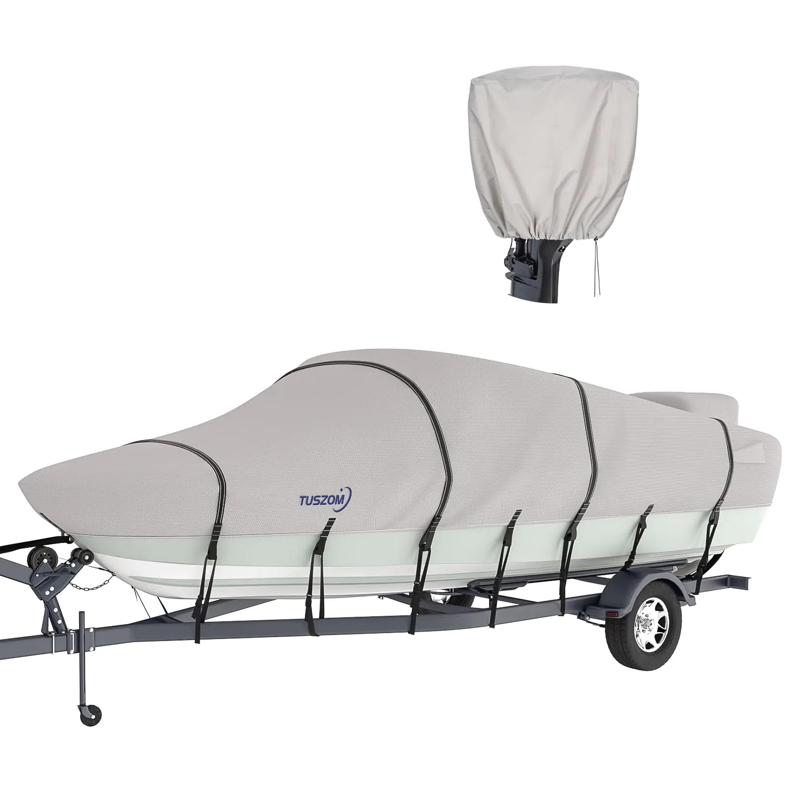 Tuszom 100% Waterproof 900D Solution-Dyed Boat Cover with 17 Windproof Straps for Trailerable Fits V-Hull Tri-Hull Bass Boat Runabout Fishing Boat Ski Boat Bass Boat 14 - 16 L UP to 90" W