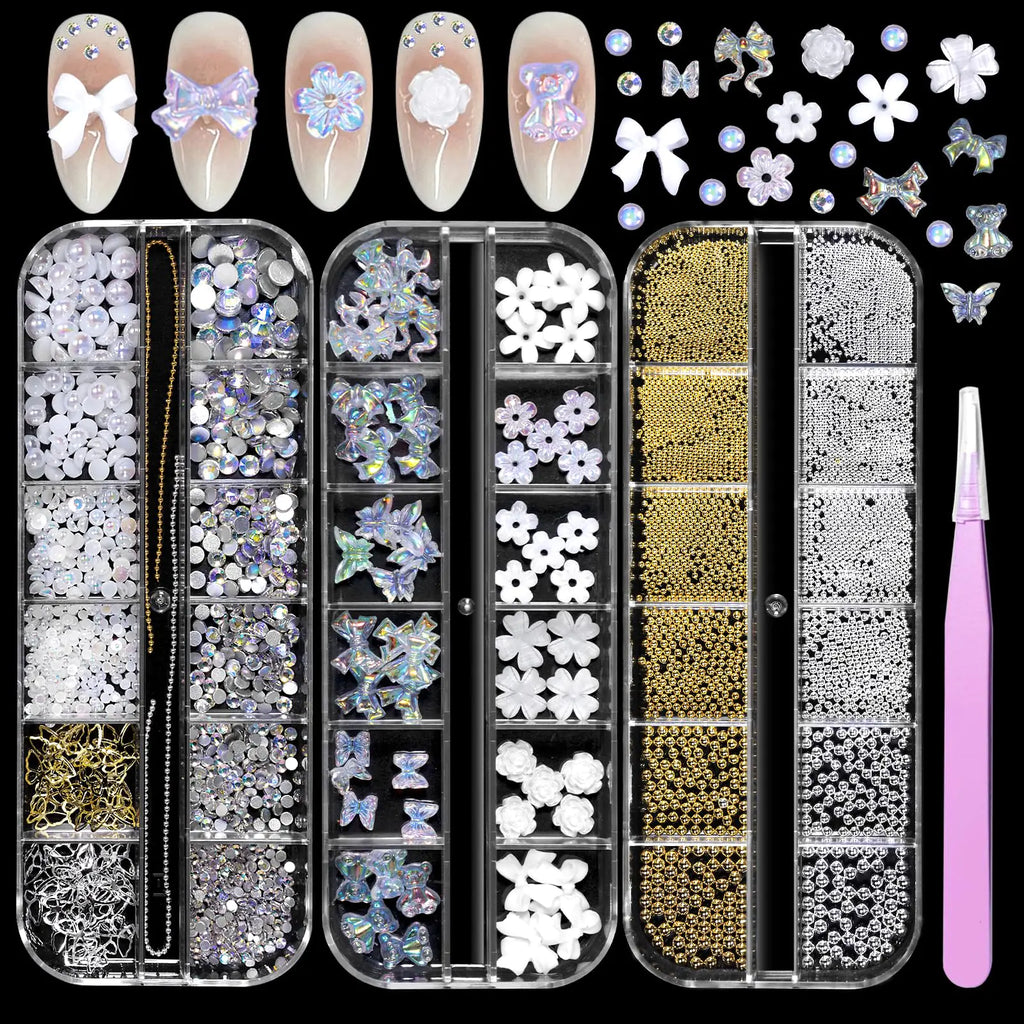 3 Boxes 3D Flowers Bows Nail Art Charms White Flower Butterfly Nail Charms Transparent Nail Bows Flatback Pearl Nail Charms Gold Silver Caviar Beads Nail Gems Charms for Nail DIY Accessories