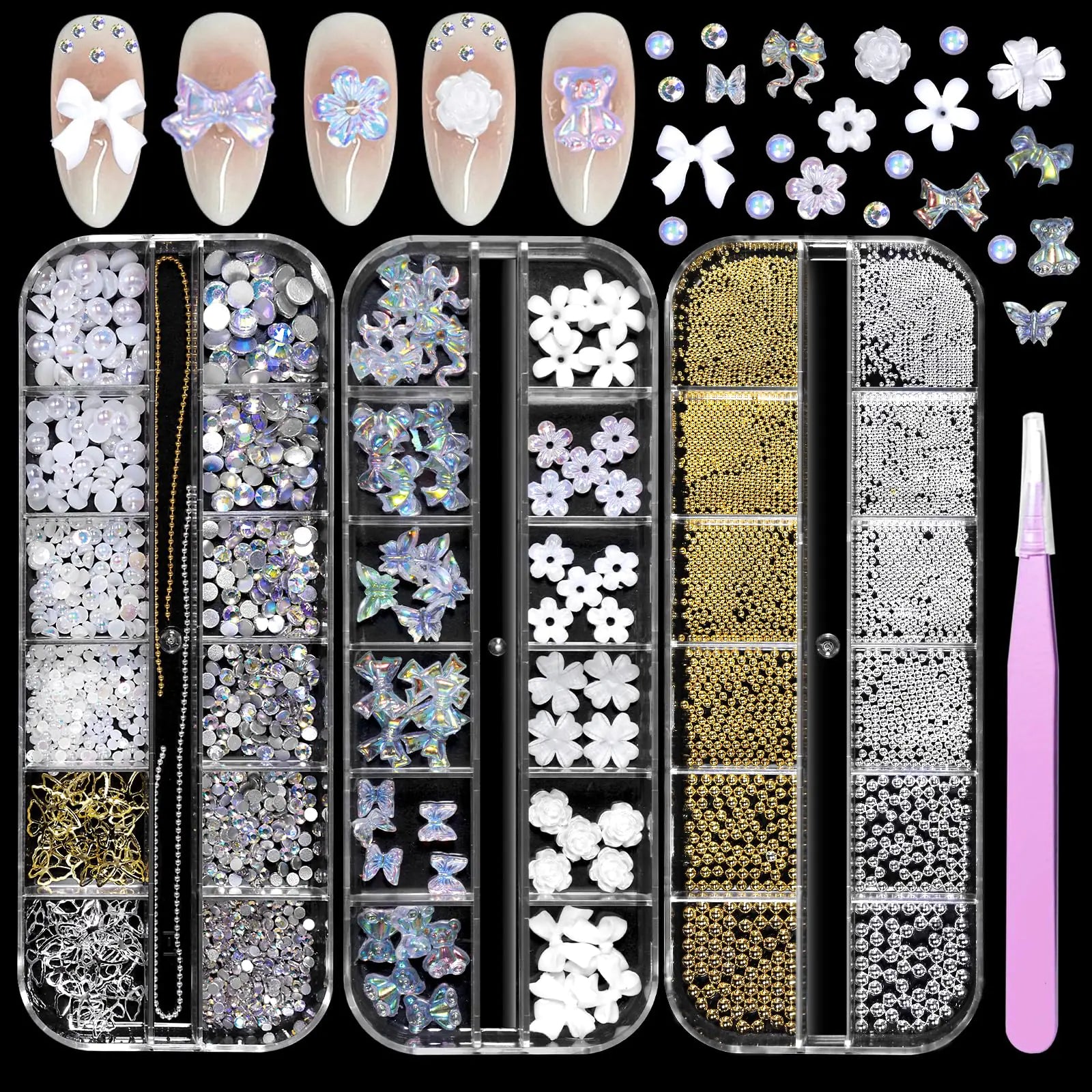 3 Boxes 3D Flowers Bows Nail Art Charms White Flower Butterfly Nail Charms Transparent Nail Bows Flatback Pearl Nail Charms Gold Silver Caviar Beads Nail Gems Charms for Nail DIY Accessories