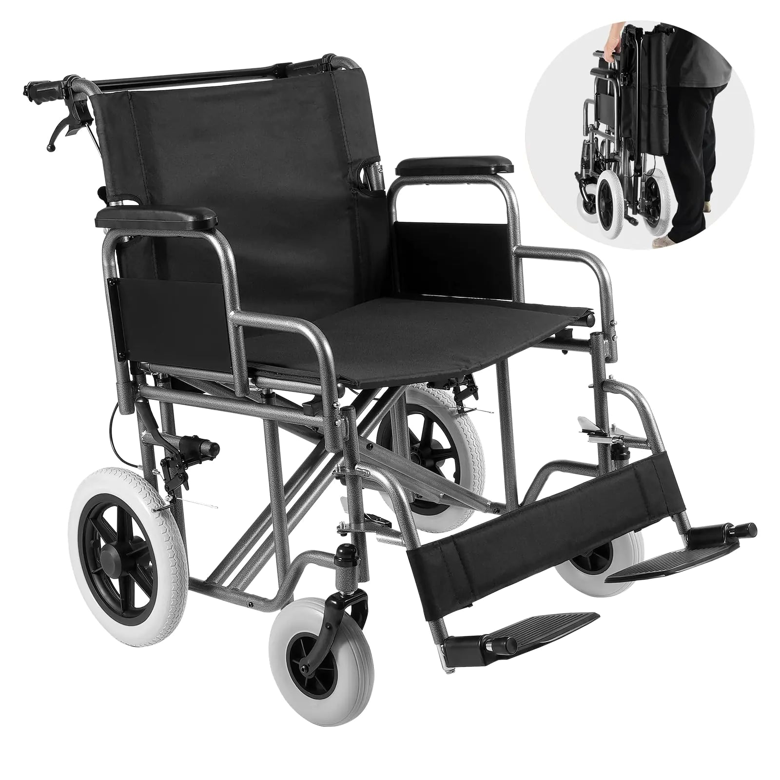 VEVOR Wheelchair Carbon Steel Transport Chair for Adults Foldable Wheelchair with Detachable Armrest Self-Locking Brake 24-Inch Wide Seat 300lbs Weight Capacity for The Disabled Move Freely