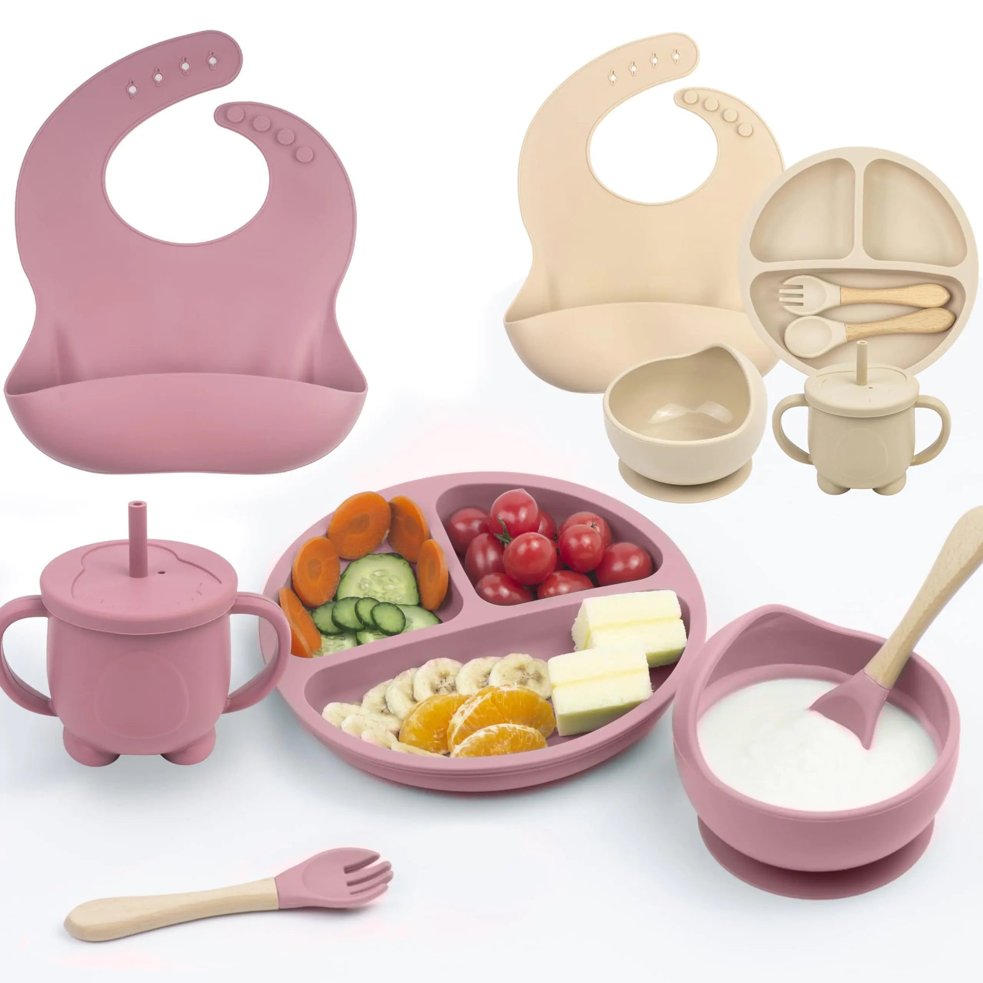 Silicone Baby Feeding Set 12Pcs Baby Led Weaning Supplies Includes Baby Suction Bowls and Plates Silicone Baby Bibs Silicone Baby Cup Silicone Baby Spoons and Forks (2 Sets Beige & Pink)