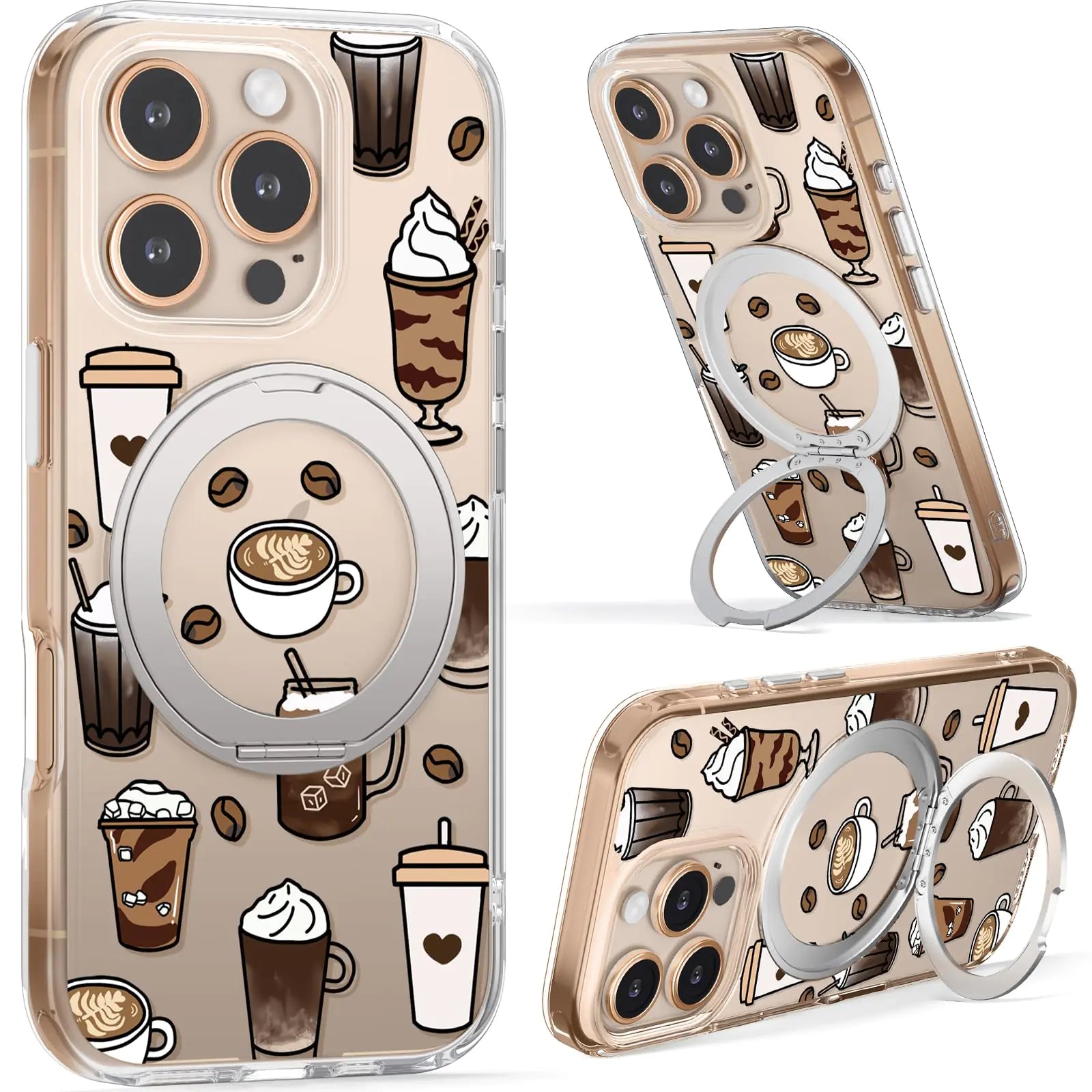 FEWGEY iPhone 16 Pro Max Case with Built-in Invisible Kickstand [Compatible with MagSafe] 3 in 1 Heavy Duty Drop Protection Rugged Shockproof Clear TPU Cute Coffee Phone Case Cover iPhone 16 Pro Max