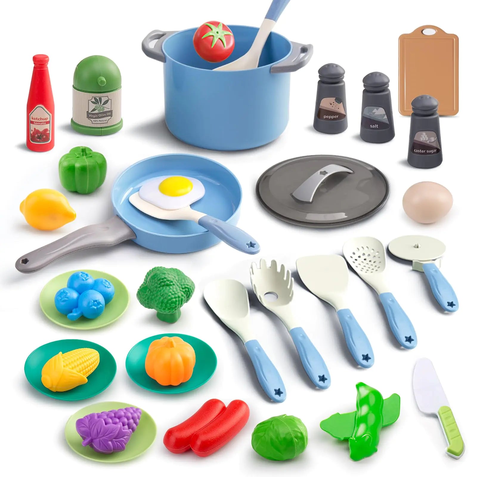 JokerKing 35Pcs Kids Kitchen Toy Accessories Toddler Pretend Cooking Playset with Play Pots and Pans Utensils Cookware Toys Play Food Set Toy Vegetables Learning Gift for Girls Boys (Blue)