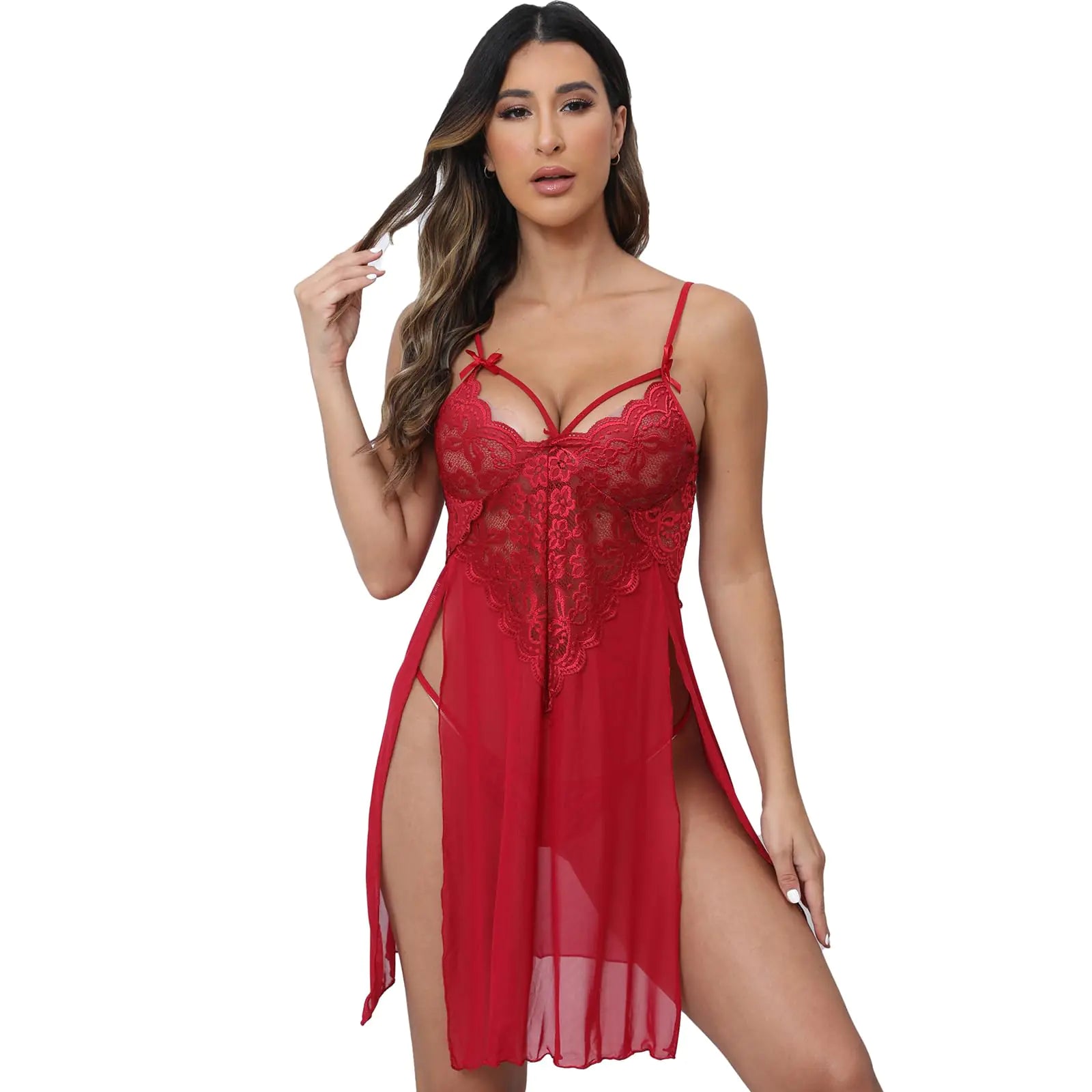 YaShaer Lingerie for Women Lace Babydoll Strap Chemise Nightgown V Neck Sleepwear Sexy Mesh Side Slit Nighty Red 2XL
