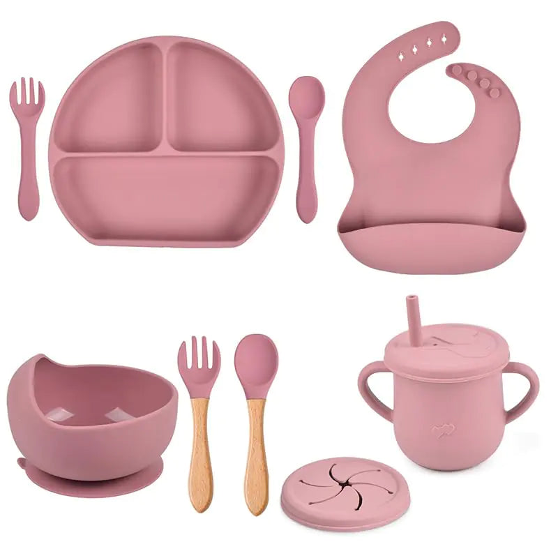 Color PUKITOS Silicone Baby Feeding Set Baby Led Weaning Supplies Suction Plate and Bowl Self Feeding Spoons Tiny Cup Bib First Stage Food Set Baby Dishes Infant Eating Utensils (Pink A19)