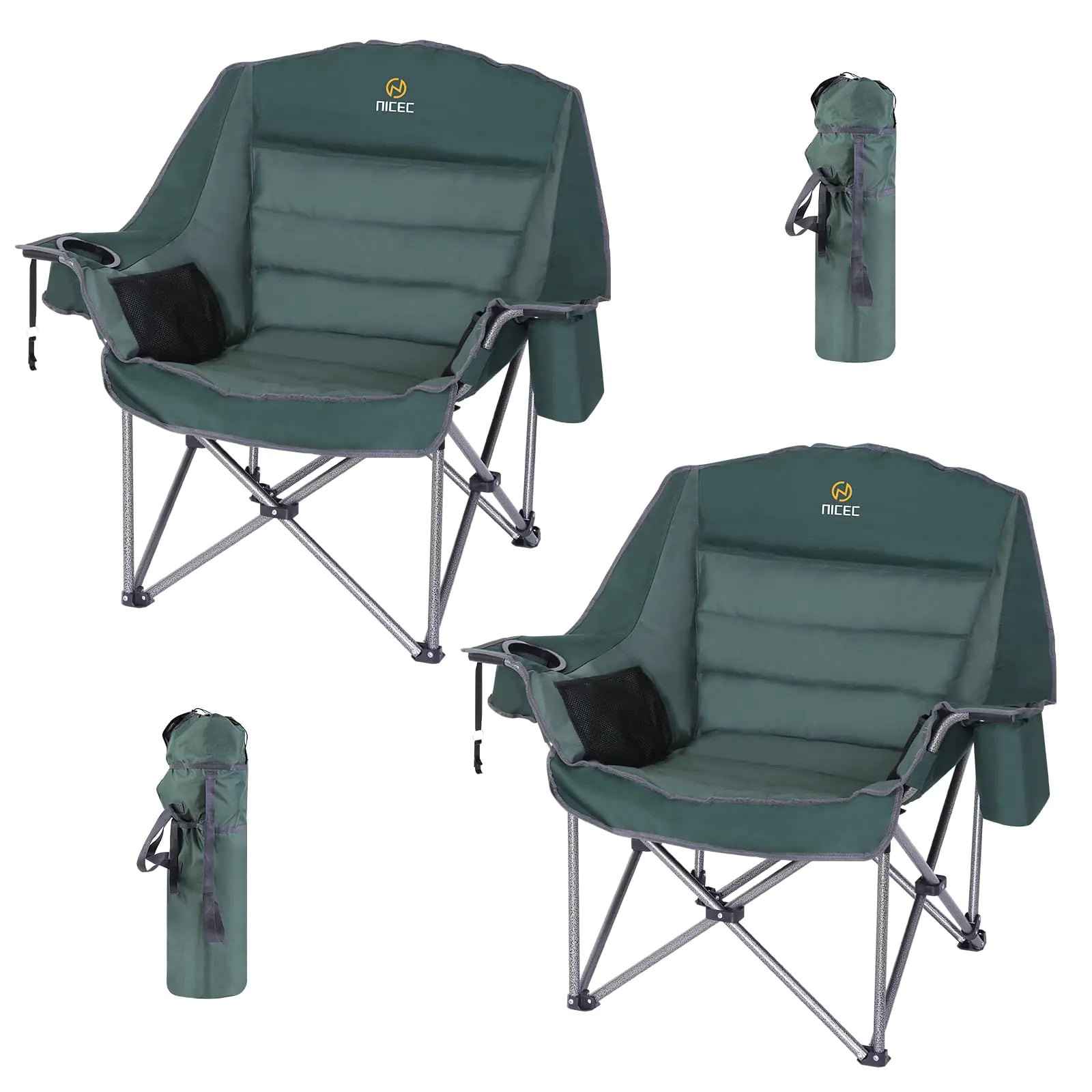 Nice C Camping Chairs Oversized XL Padded Camping Chair Outdoor Chair Camp Chair Lounge Chair Wide&Thick Heavy Duty 400lb Carry Bag Cupholder & Cooler (Two Green)