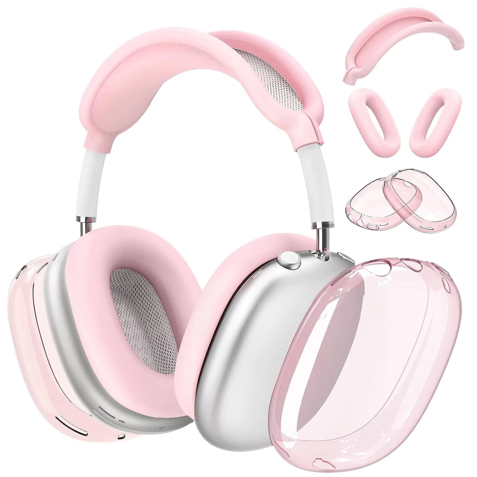 3 in 1 Silicone Case Cover Compatible with Apple Airpods Max Headphones Clear Soft TPU Ear Cups Cover/Silicone Ear Pad Case Cover/Headband Cover Compatible with Apple Airpods Max (Clear Pink)