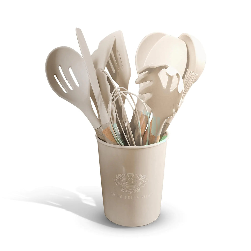 Ay La Bella Vita Silicone Utensil Set 12 PCS Wooden Handle Nontoxic BPA Free 100% Food Grade Silicone Spoon Spatula Ladle Turner Tongs Kitchen Gadgets Utensil Set for Nonstick Cookware (Khaki)