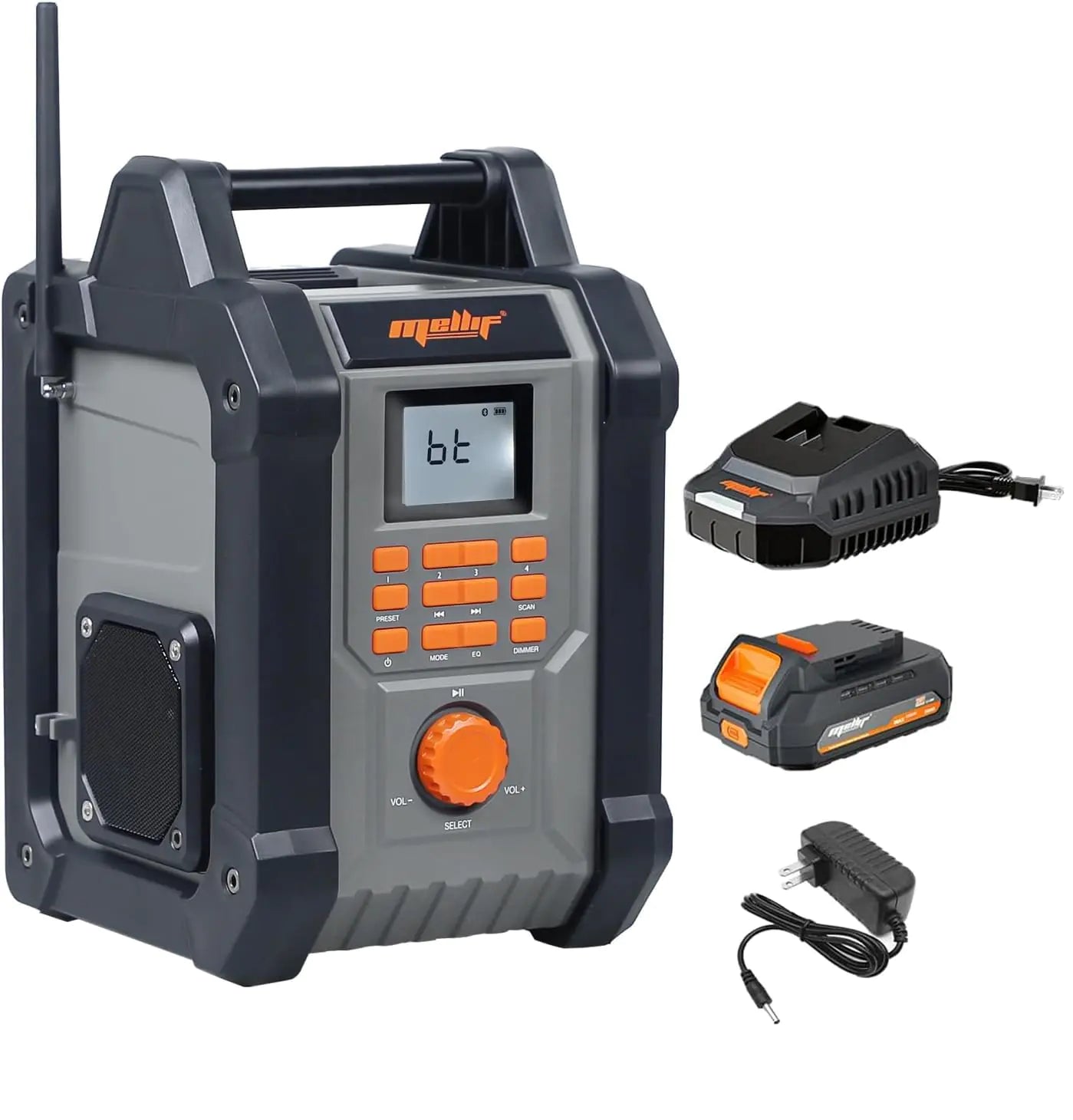 Mellif Jobsite Radio Speaker Compatible with Dewalt 20v Max Battery Enhanced Signal Reception 100ft Wireless Range Stereo IPX54 Waterproof TWS AM/FM Presets 2.0 Battery & 18V AC Power Cord
