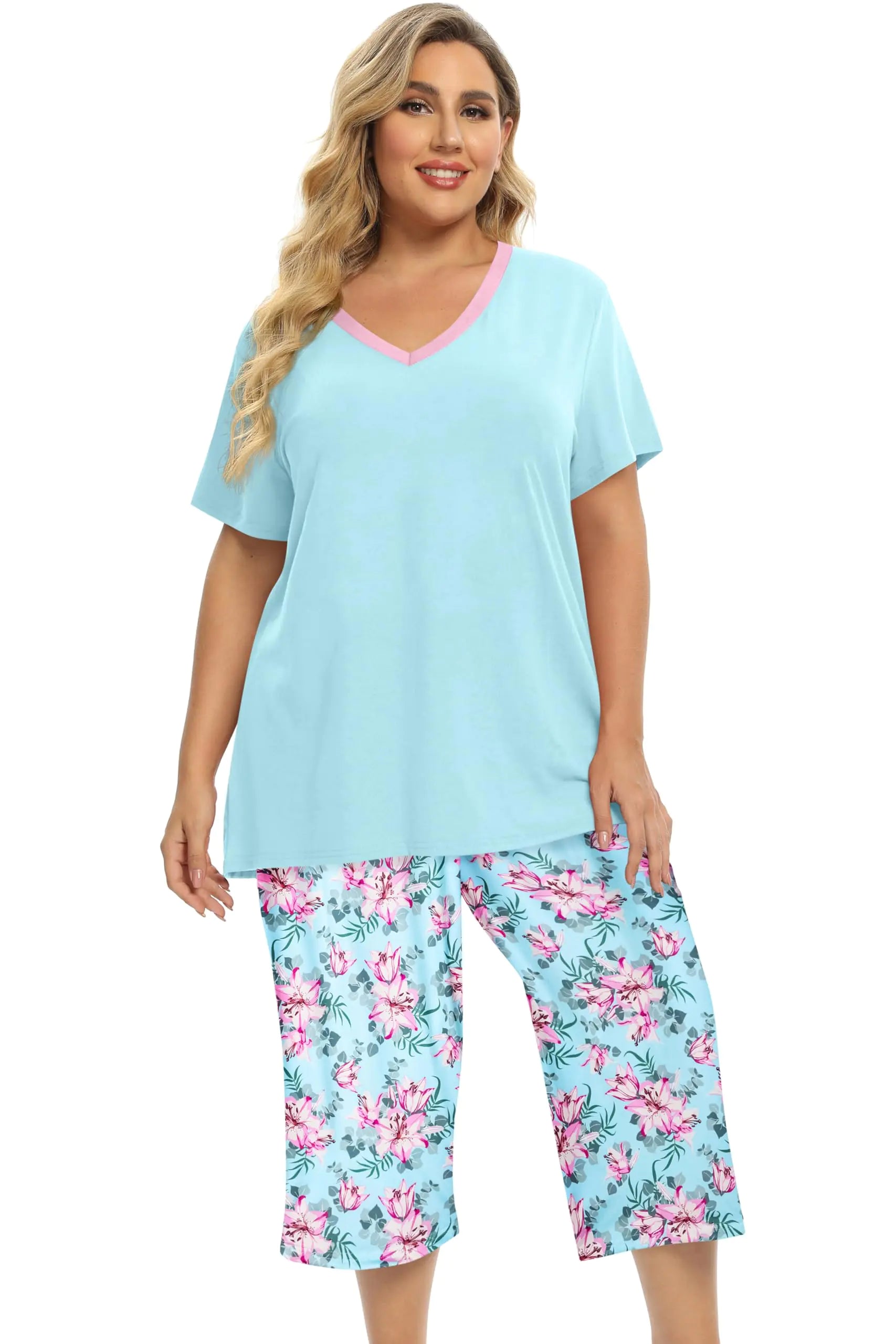 Vozanet Womens Short Sleeve Top Capri Pants Pajama Sets Lovely Floral Patterns 2PCS Nighty Lounge Sets Plus Size Mothers Pyjama Lily/Sky Blue 4X-Large