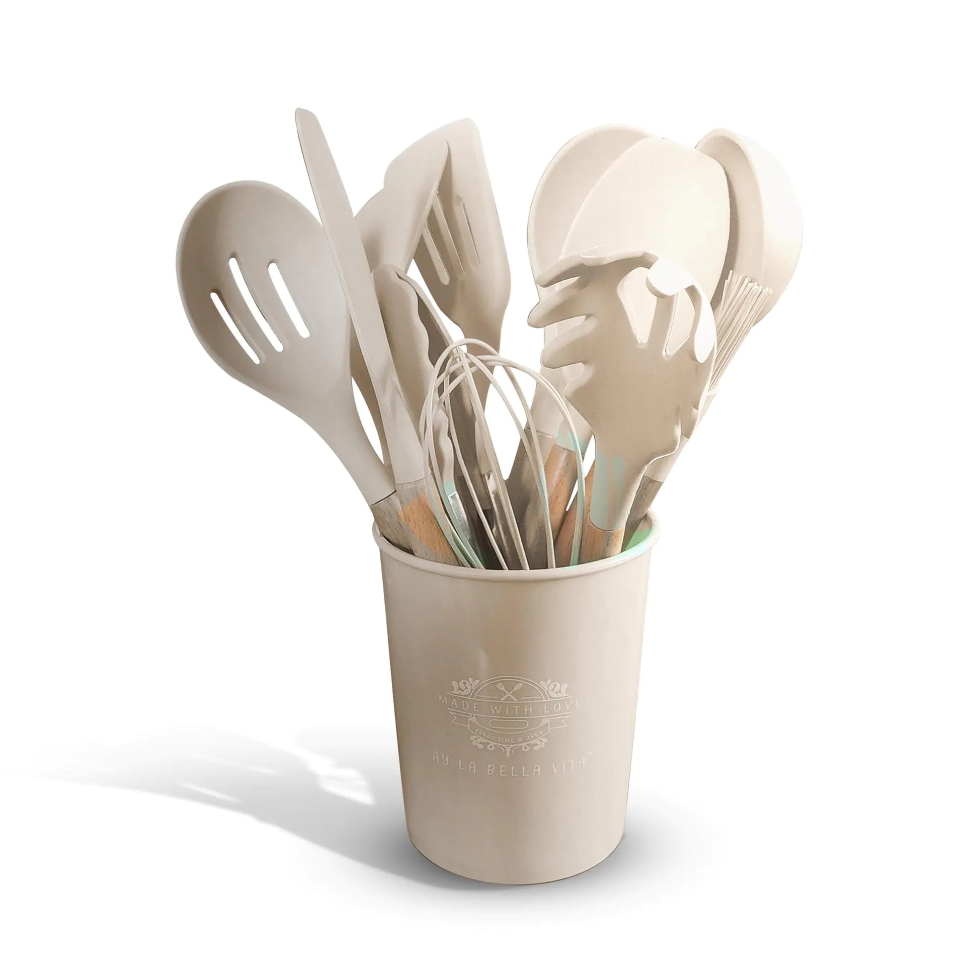 Ay La Bella Vita Silicone Utensil Set 12 PCS Wooden Handle Nontoxic BPA Free 100% Food Grade Silicone Spoon Spatula Ladle Turner Tongs Kitchen Gadgets Utensil Set for Nonstick Cookware (Khaki)