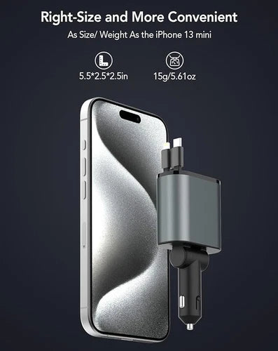 IRILEKI Retractable Car Charger 4 in 1 Fast Car Charger USB C Phone Car Charger Adapter Compatible with iPhone Galaxy Pixel Come with Car Accessories (Car Window Breaker) - Black