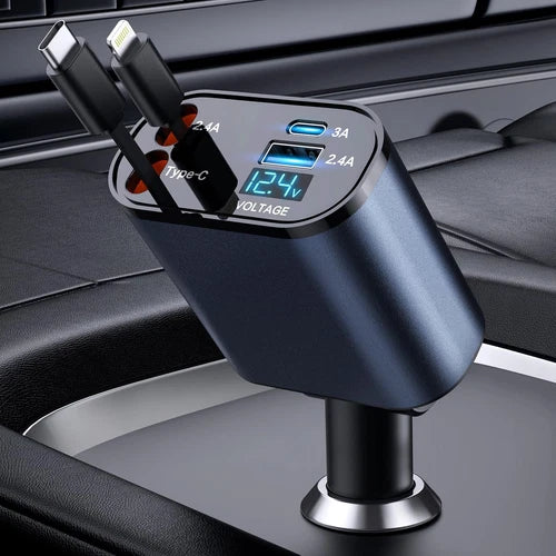 IRILEKI Retractable Car Charger 4 in 1 Fast Car Charger USB C Phone Car Charger Adapter Compatible with iPhone Galaxy Pixel Come with Car Accessories (Car Window Breaker) - Black