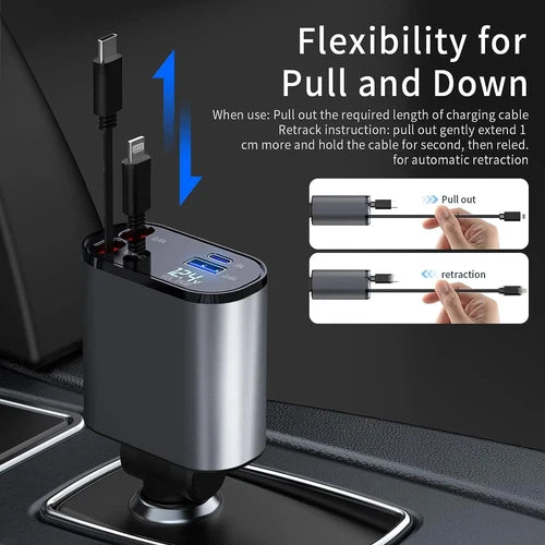 IRILEKI Retractable Car Charger 4 in 1 Fast Car Charger USB C Phone Car Charger Adapter Compatible with iPhone Galaxy Pixel Come with Car Accessories (Car Window Breaker) - Black
