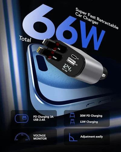 IRILEKI Retractable Car Charger 4 in 1 Fast Car Charger USB C Phone Car Charger Adapter Compatible with iPhone Galaxy Pixel Come with Car Accessories (Car Window Breaker) - Black
