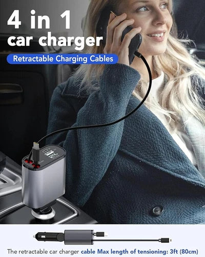IRILEKI Retractable Car Charger 4 in 1 Fast Car Charger USB C Phone Car Charger Adapter Compatible with iPhone Galaxy Pixel Come with Car Accessories (Car Window Breaker) - Black