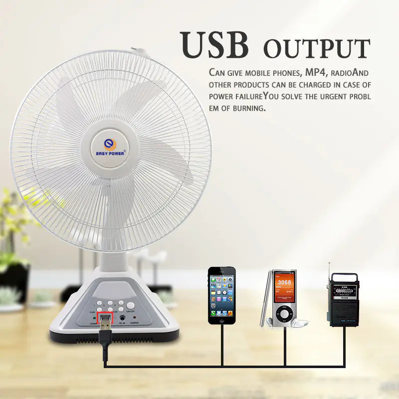16-Inch Solar Fan with Rechargeable Battery & USB Charging