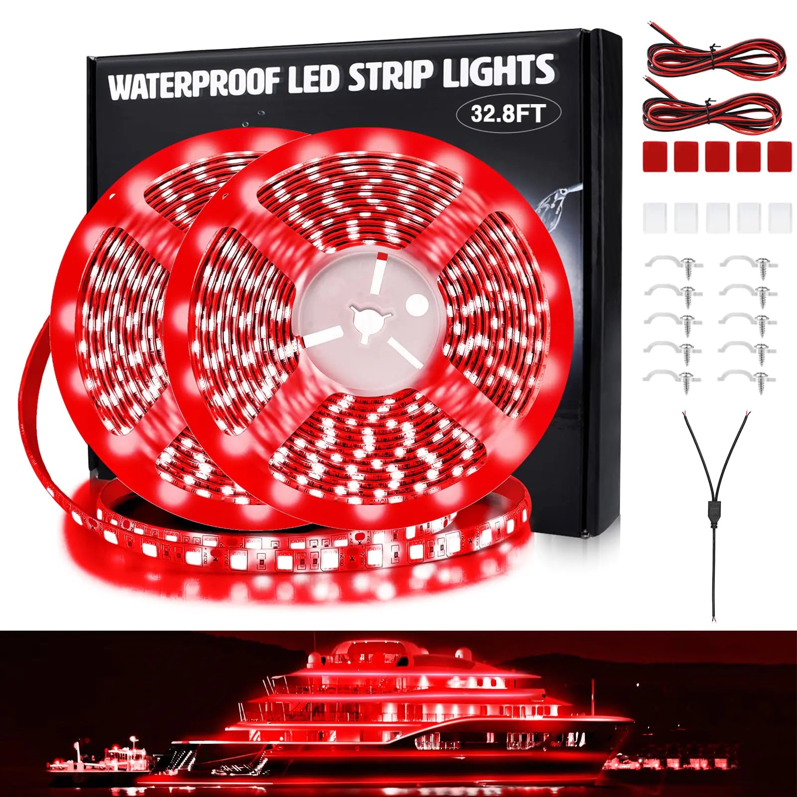 Yeenoon LED Boat Lights 32.8ft (2 Rolls of 16.4ft) LED Boat Strip Lights Waterproof Boat Interior Light Pontoon Bass Boat Kayak Jon Boat Cabin Deck Boat Navigation Lights(Red)