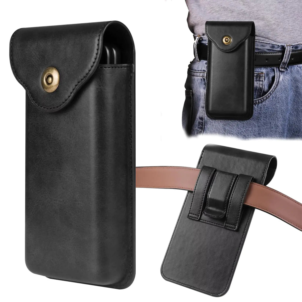 Cell Phone Holster for Samsung Galaxy Z Fold 6/5/4/3/2 Google Pixel 9 Pro FoldXiaomi Mix Fold 4Leather Belt Pouch Case Phone Holster for Men with Belt Clip (Black)