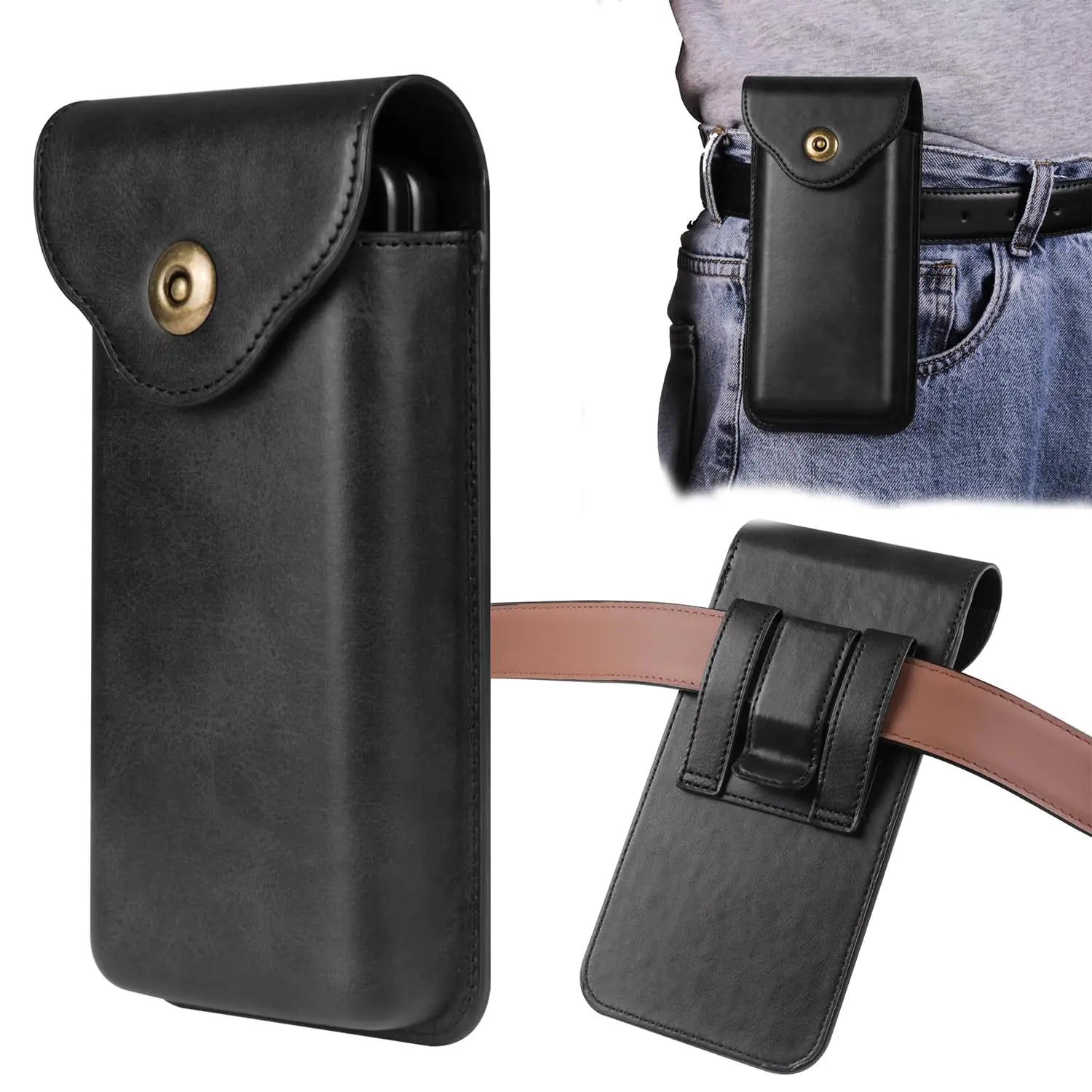 Cell Phone Holster for Samsung Galaxy Z Fold 6/5/4/3/2 Google Pixel 9 Pro FoldXiaomi Mix Fold 4Leather Belt Pouch Case Phone Holster for Men with Belt Clip (Black)