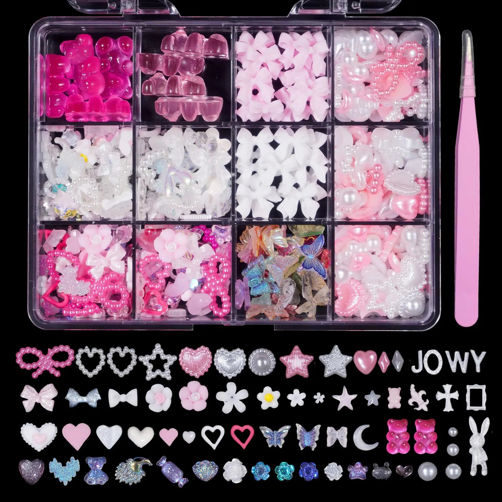 Assorted Pink Colors White Nail Charms 3D Bows Bears Flower Butterfly Variety Nail Charms 3D Pearls Heart Star Bowknots Round Flatback Nail Pearls Acrylic Charms for Nail Manicure DIY