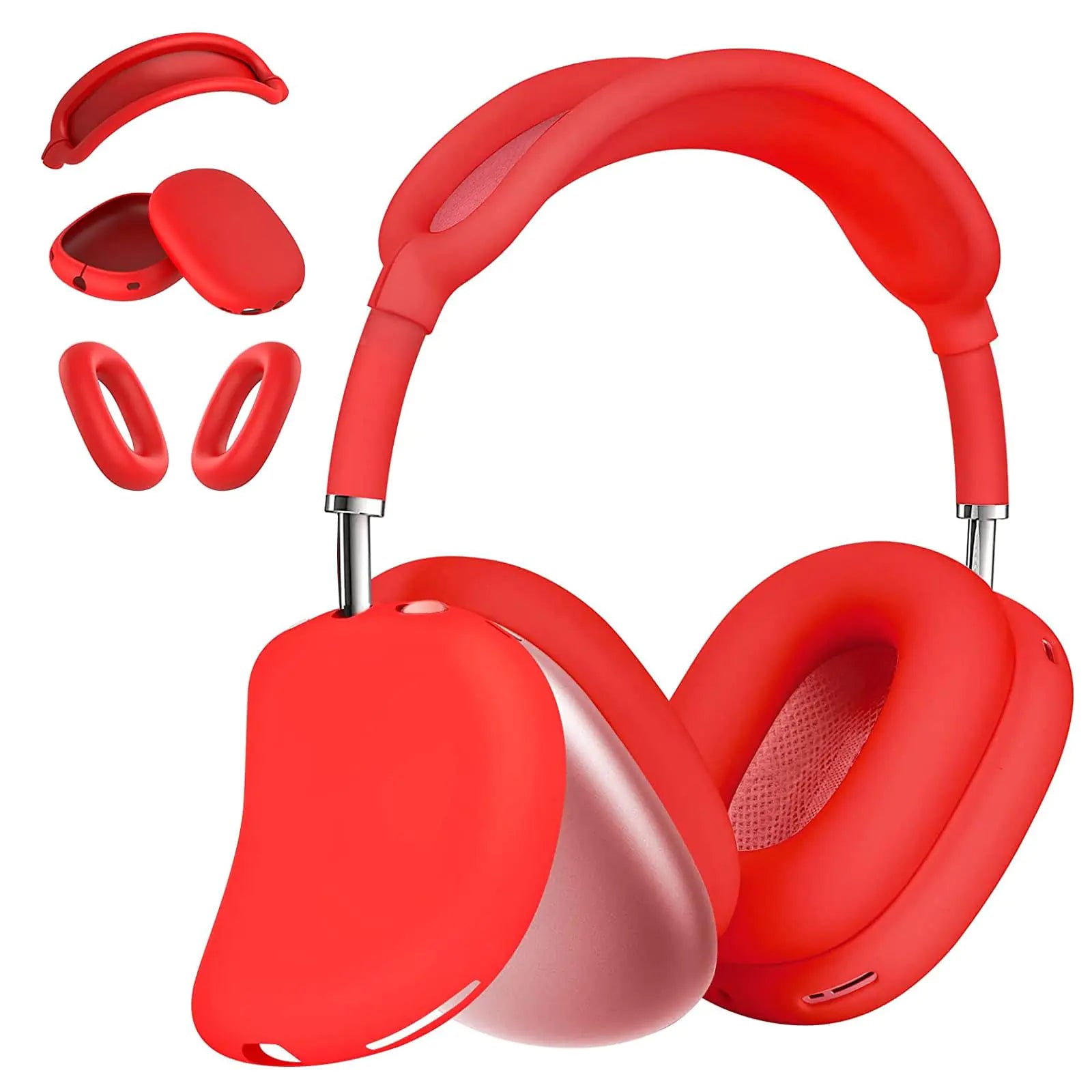 3 in 1 Silicone Case Cover Compatible with Apple Airpods Max Headphones Anti-Scratch Ear Pad Case Cover Ear Cups Cover and Headband Cover Compatible with Apple Airpod Max Accessory Skin case (Red)