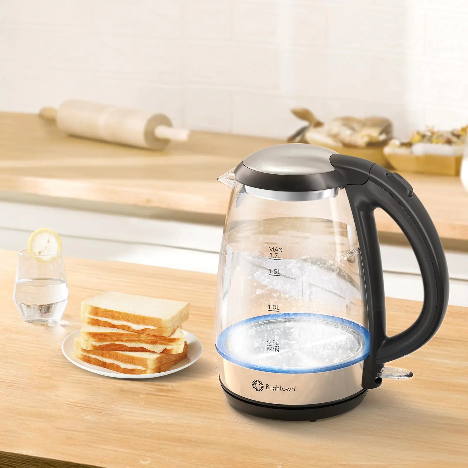 Brightown Electric Tea Kettle for Boiling Water Stainless Steel Filter 1.7L/1500W Hot Water Boiler Wide Opening&Automatic Shut Off BPA-Free Black