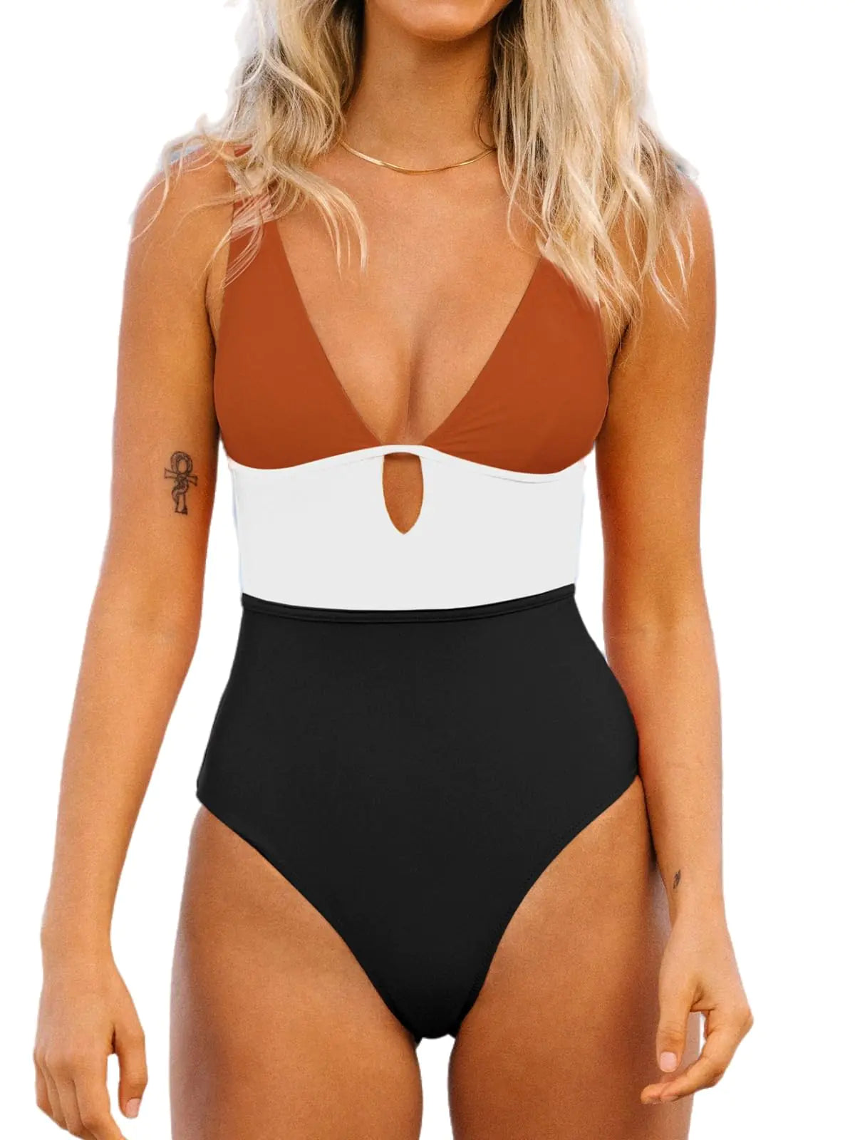 CUPSHE Womens One Piece Swimsuit Color Block Keyhole Cutout Bathing Suit M Brick Red