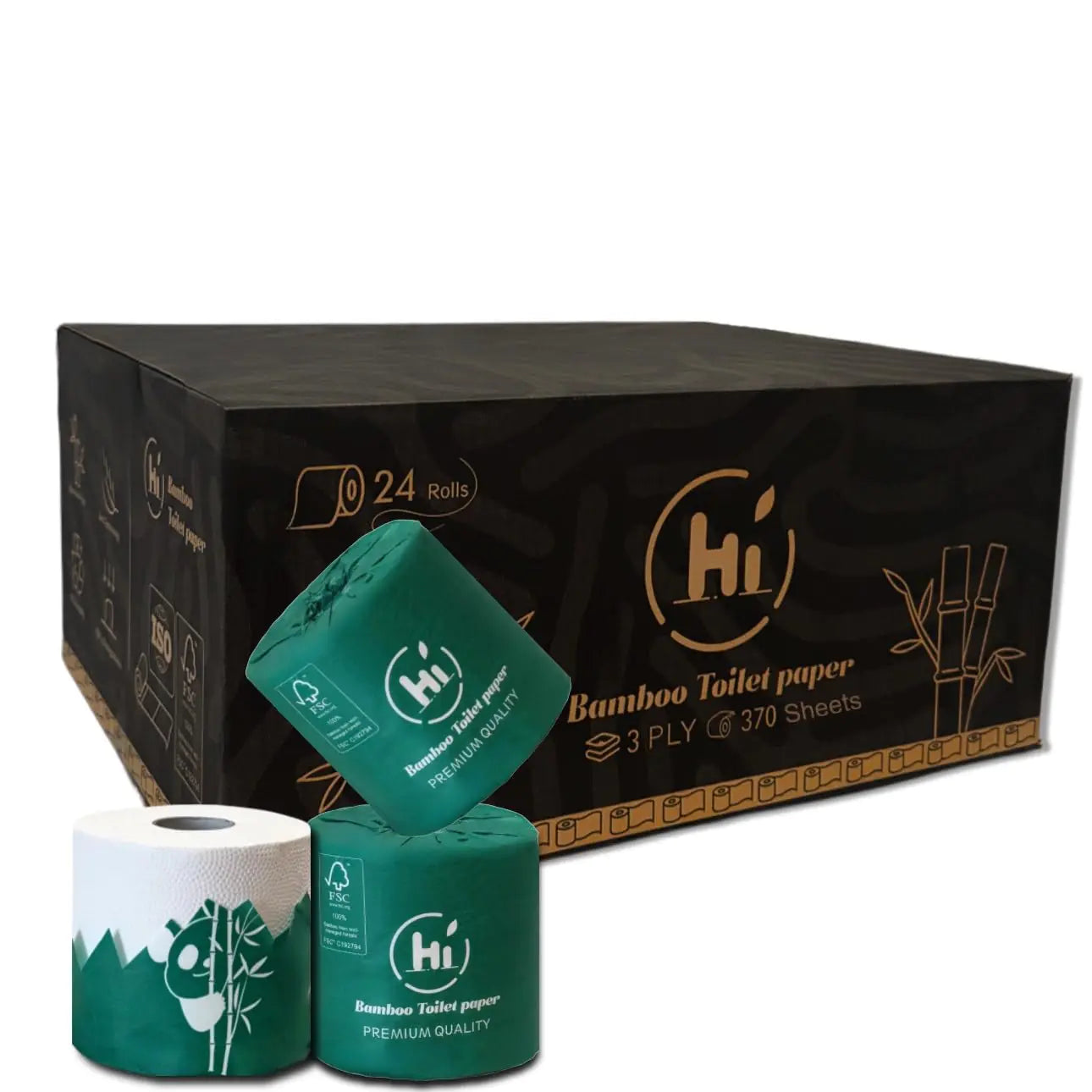 HÍ Bamboo Toilet Paper 3 Ply - 24 Mega Rolls & 370 Sheets Per Roll - Plant toilet paper - Septic Safe - Organic Toilet Paper - non toxic - Chemical Free Toilet Paper - Tree Free - Fsc Certified