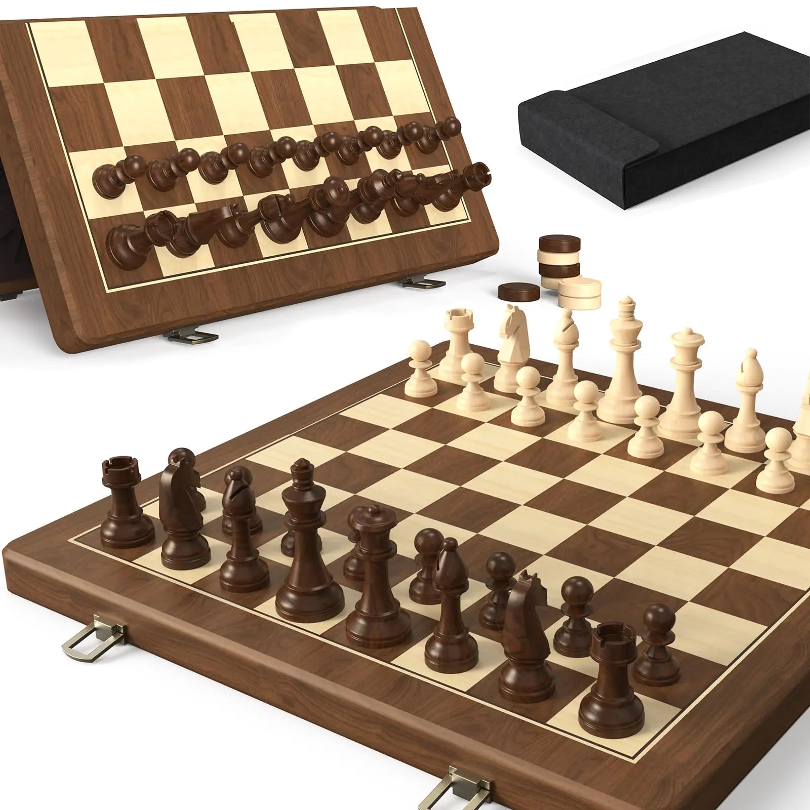 Premium Natural Walnut 15" Magnetic Wooden Folding Chess & Checkers Set- 2 in 1 Board Game with 3" King Staunton Pieces and 2 Extra Queens Checkers and Dust-Proof Storage Bag (Black)