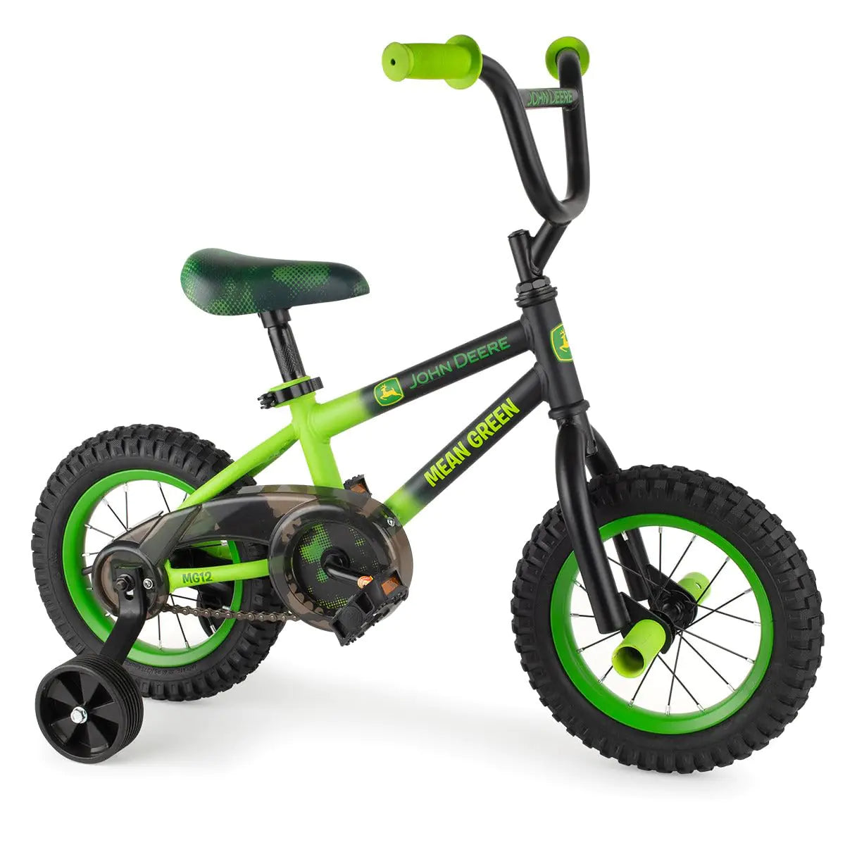 John Deere Mean Green Kids Bicycle with Removable Training Wheels – 12ʺ Boy’s Bike – Ages 3 and Up — Adjustable Kids Bike with BMX Stunt Tubes