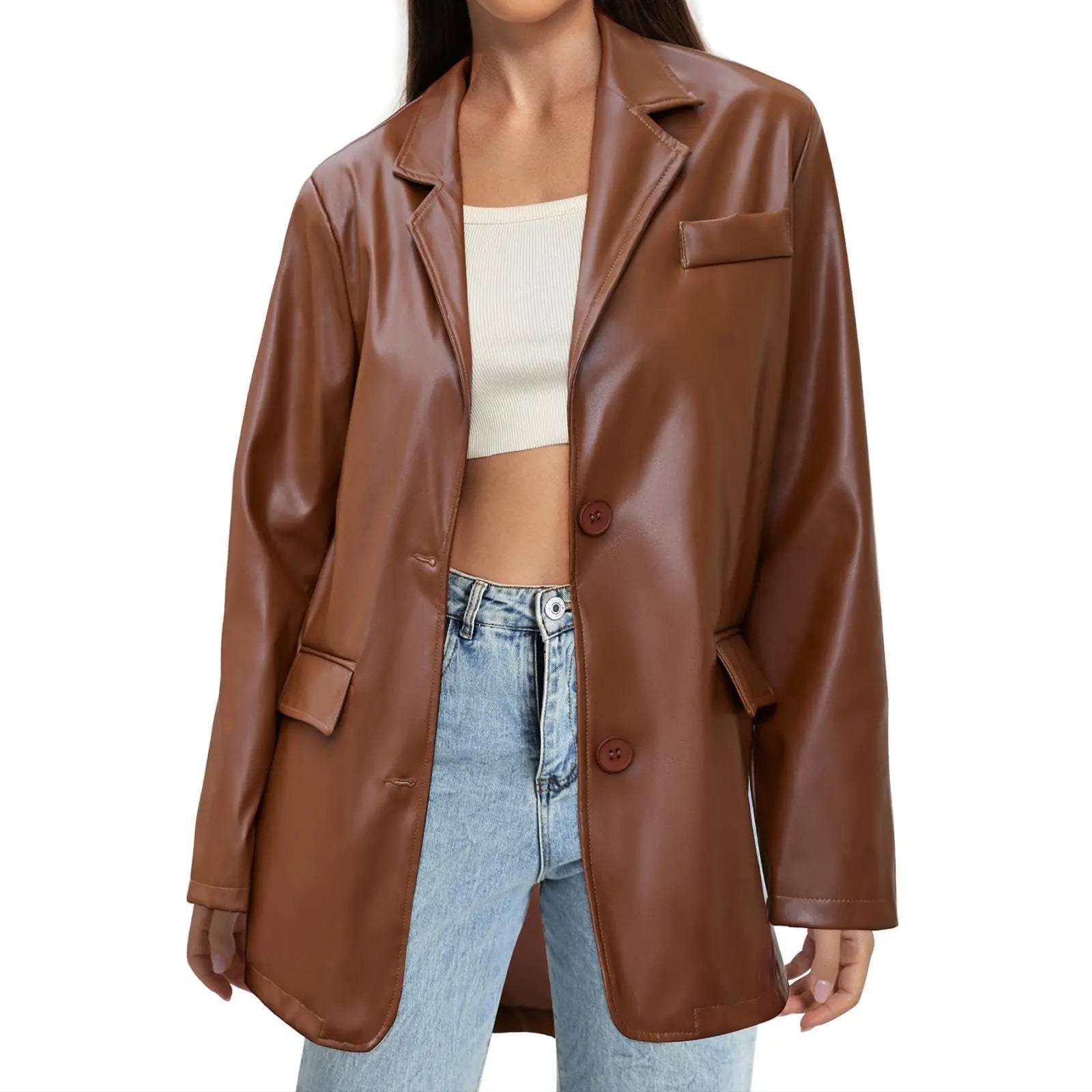 American Trends Womens Oversized Leather Jacket Faux Leather Blazer Fashion Clothes Lapel Outfits Coffee Large