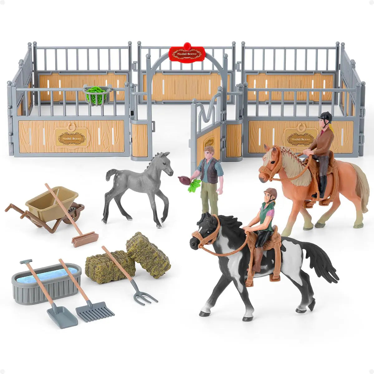 DuDuMo Horse Stable Playset Horse Gifts for Girls and Boys with 3 Horses and 2 Riders Horse Toys Set Farm Animals Toys for Kids 3 4 5 6 7 8+ (Horse Playset 1)