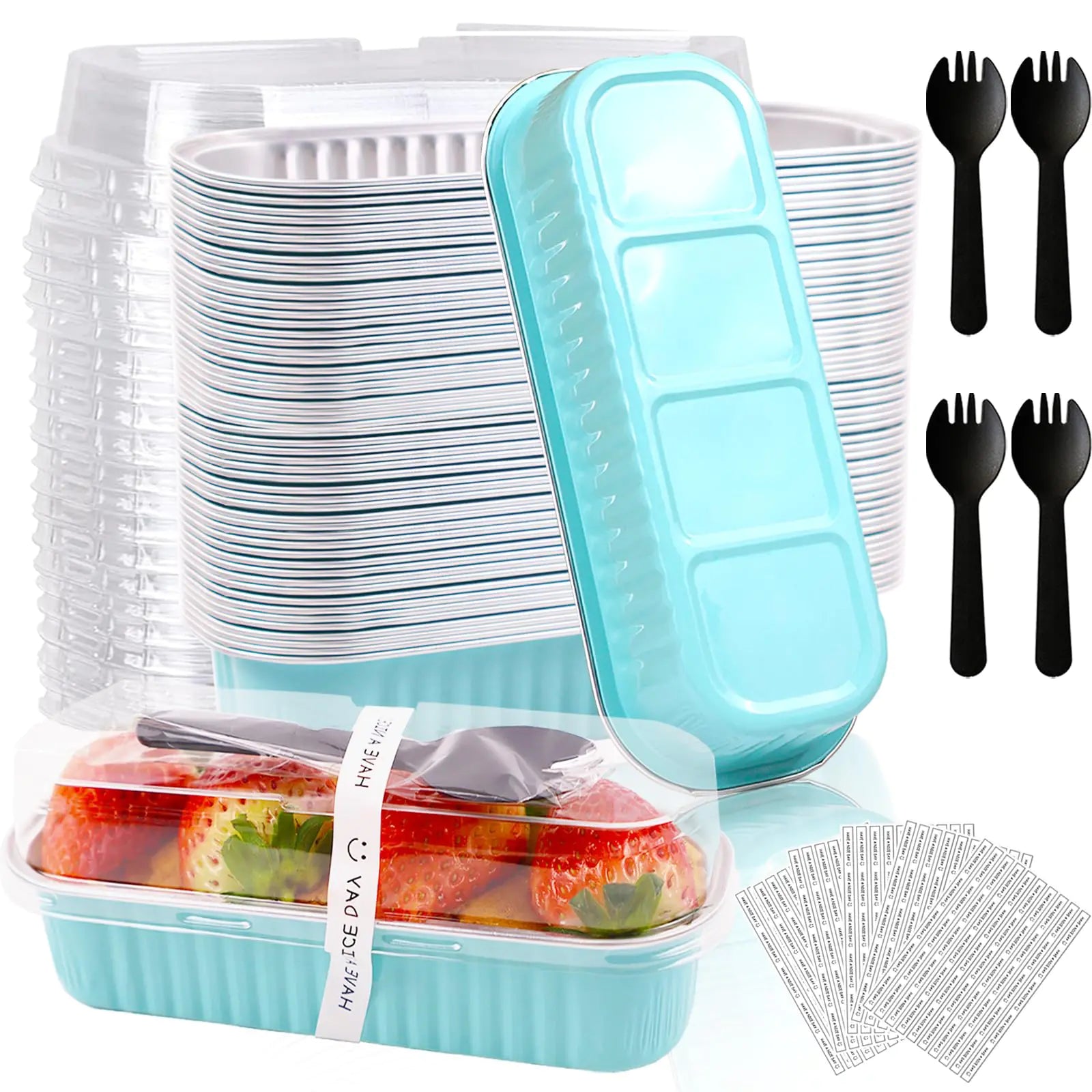 50 Pack Mini Loaf Pans with Lids and Spoons 6.8 Oz Mini Cake Pans with Lids for Baking Disposable Rectangle Aluminum Foil Loaf Pan with Stickers，Small Cake Containers Mini Cake Tin（Blue）