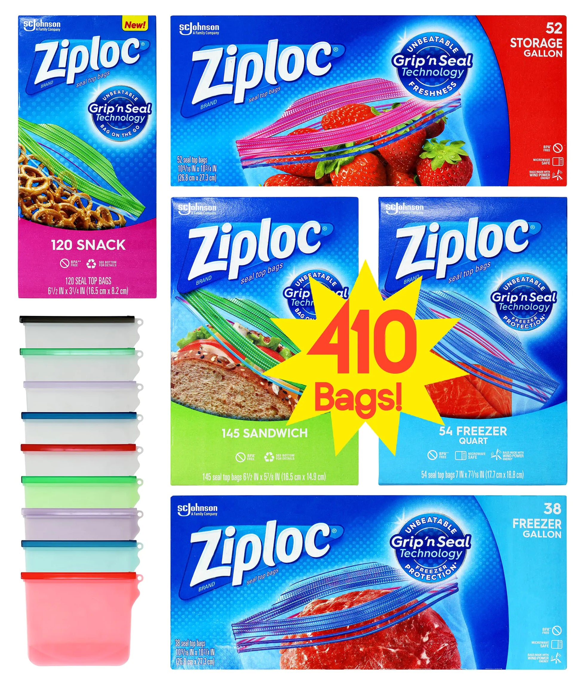Complete Bags kit 5-Pack Variety52 Storage Gallon Bags 38 Freezer Gallon Bags 54 Freezer Quart Bags 145 Sandwich Bags and 120 Snack Bags410 Total Package QuantityNiro Assortment