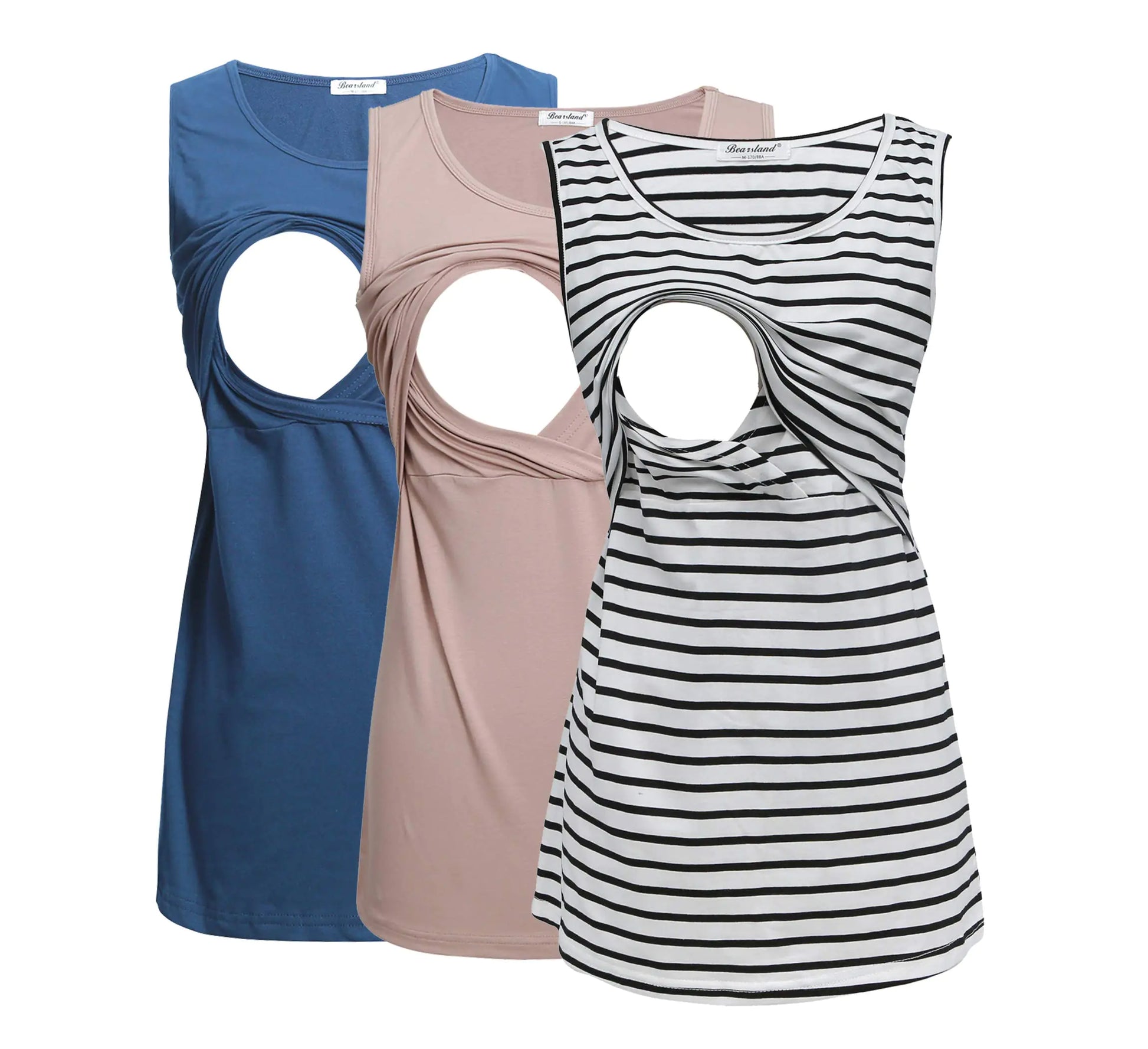 Bearsland Womens 3 Pack Sleeveless Maternity Nursing Tank Tops Breastfeeding Shirtswhitestripe+azureblue+KhakiS