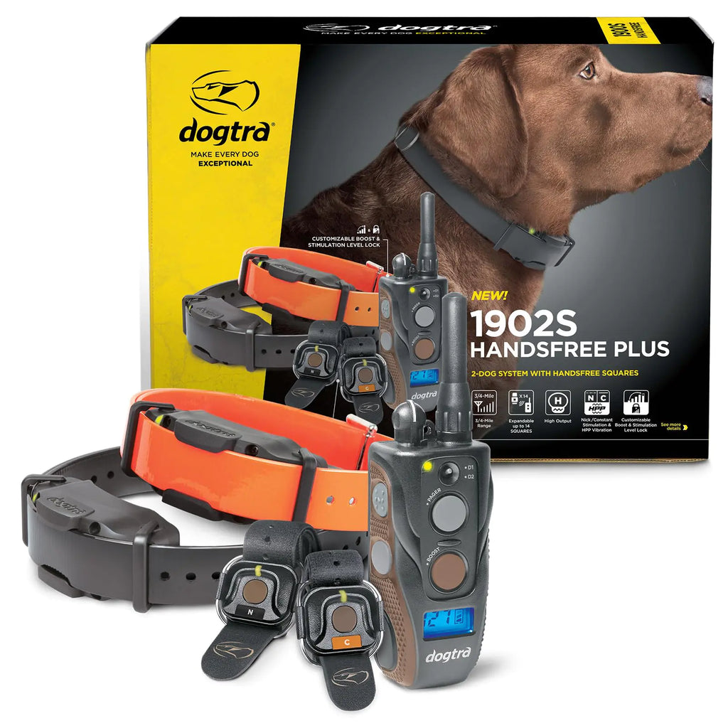 Dogtra 1902S HANDSFREE Plus Boost and Lock Remote Dog Training E-Collar HANDSFREE Square 3/4-Mile Range Rechargeable Waterproof High-Output 2 Dog System eCollar for Medium Large Dogs