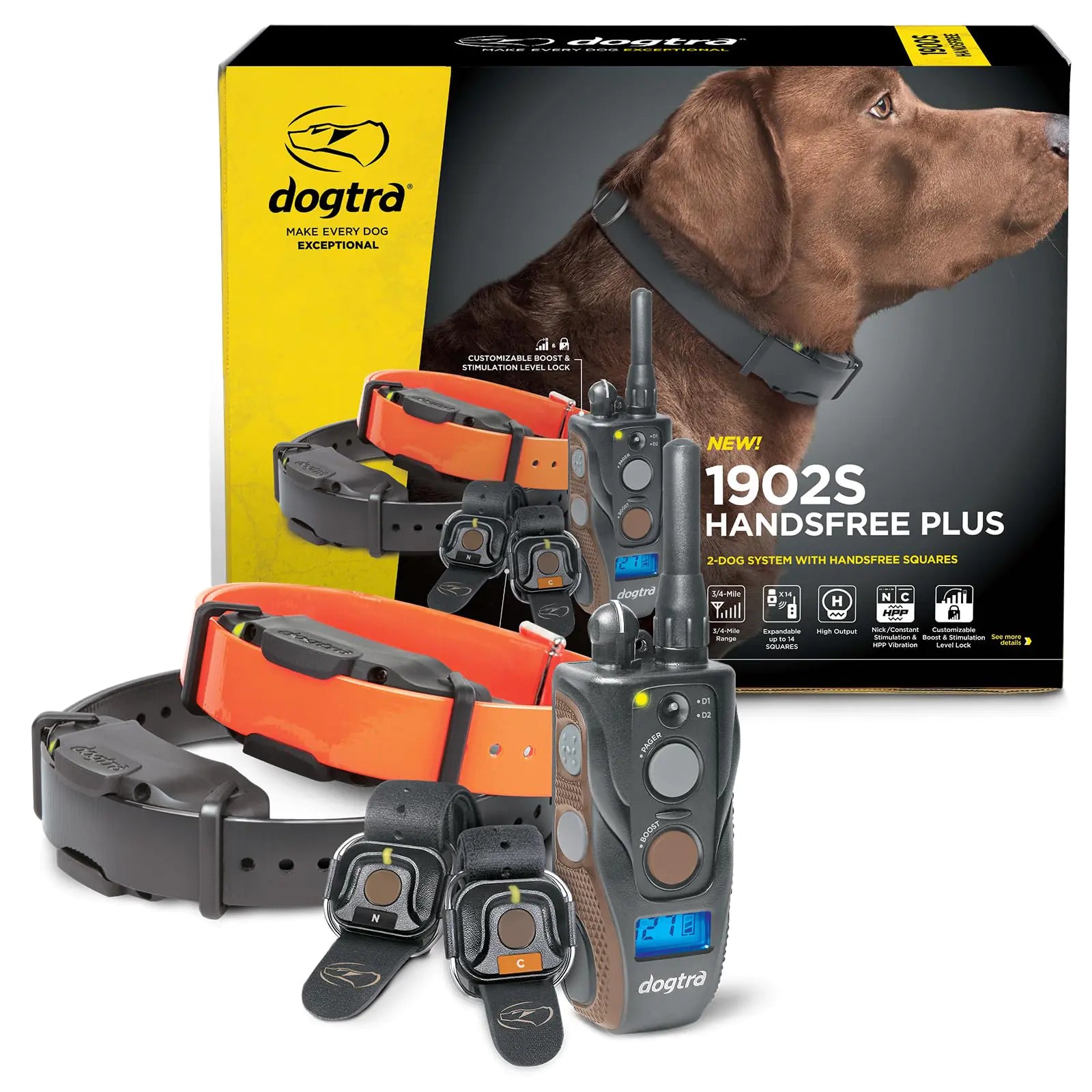 Dogtra 1902S HANDSFREE Plus Boost and Lock Remote Dog Training E-Collar HANDSFREE Square 3/4-Mile Range Rechargeable Waterproof High-Output 2 Dog System eCollar for Medium Large Dogs